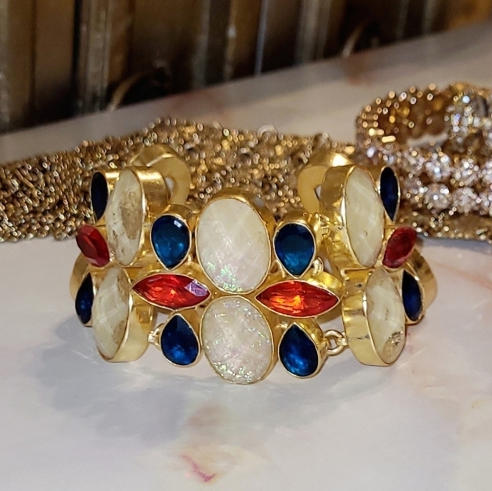 Vintage Opal Sapphire Garnet Toggle Link Gold Over Sterling Silver Bracelet